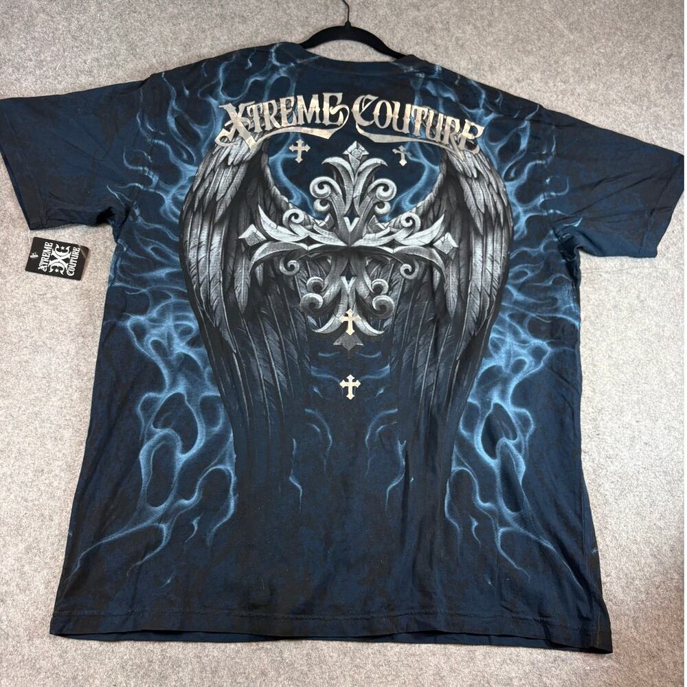 NWT Xtreme Couture Silent Scream Shirt Mens Blue Wings Skulls Flames Graphic 4XL